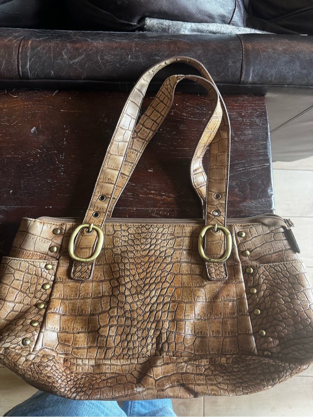 Y2K Vintage Brown Croc-Embossed faux Leather Shoulder Bag - Women